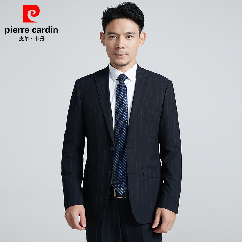 皮尔卡丹西服套装男商务正装单开叉条纹西装休闲宴会婚礼服免烫款