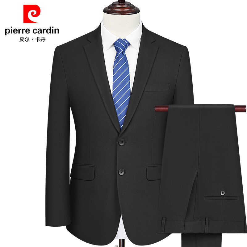 皮尔卡丹春秋季西服套装男职业经理商务正装婚礼服黑色双开叉西装