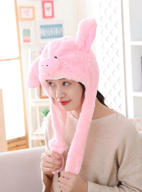 新款耳朵会动的猪猪头套帽子 三只小猪粉灰头饰头套 儿童节表演出