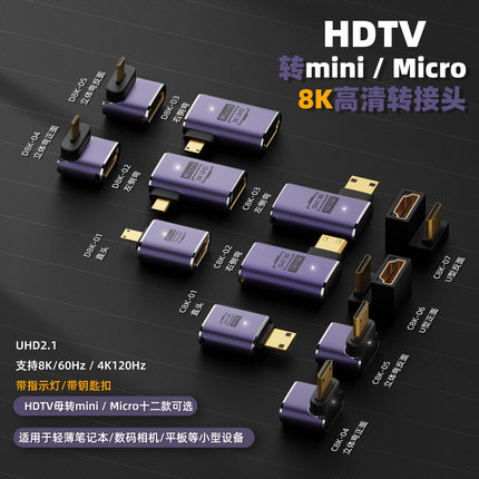 适用HDMI转mini/Micro D转接头8K高清UHD2.1版相机迷你HDMI转换器