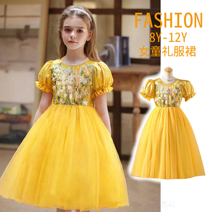 女童连衣裙夏季印花泡泡短袖拼接网纱连衣裙8-12岁民族风洋气裙子