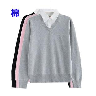 纯棉毛衣女衬衫领假两件套针织上衣全棉宽松大码秋冬打底V领套头