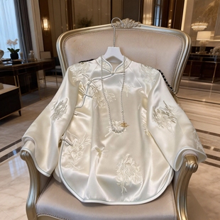 新中式刺绣短款改良旗袍上衣复古国风立领汉服国潮醋酸茶服太太服