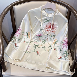 复古国风刺绣醋酸外套2026年春季新中式女装茶服国潮改良唐装上衣
