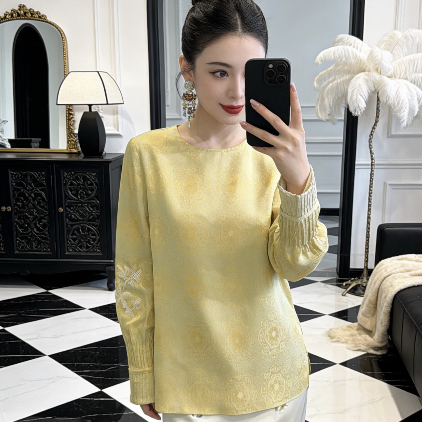 新中式打底衫上衣复古国风人丝压褶圆领钉珠亮片绣花内搭衬衣女夏