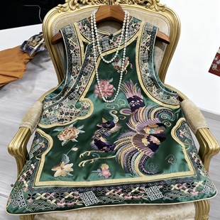 复古国风刺绣改良唐装旗袍上衣秋冬款女装新中式中长款醋酸大马甲