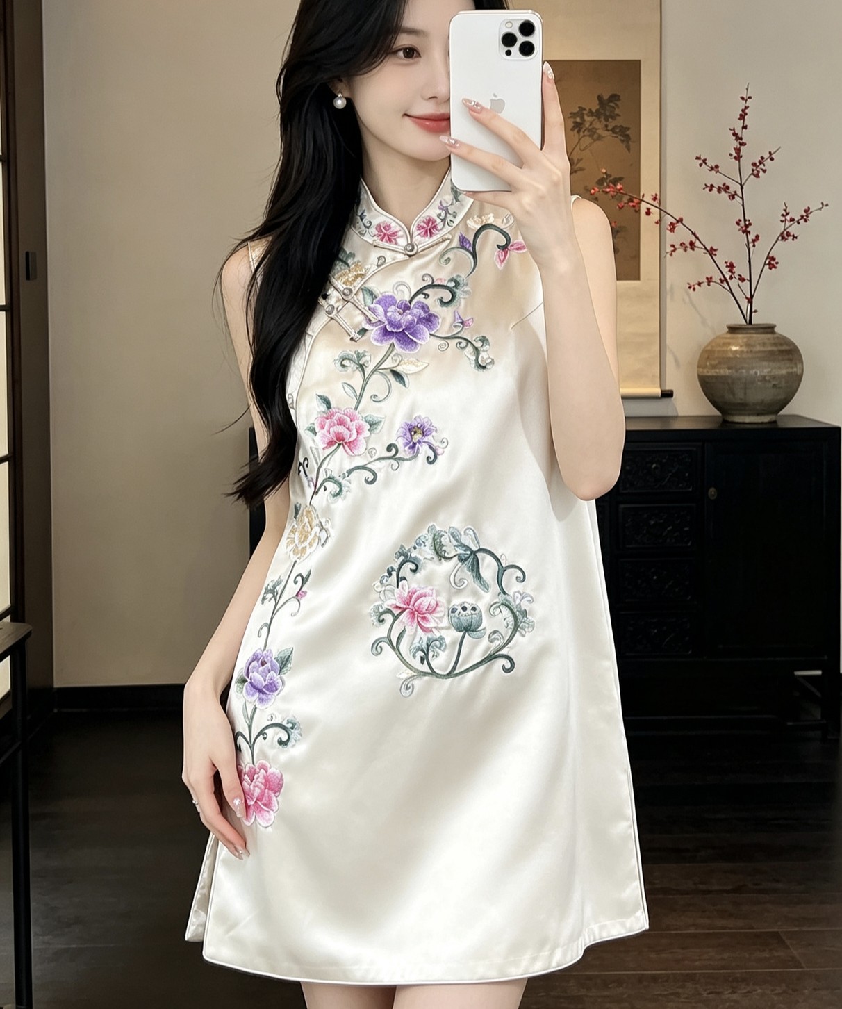 新中式醋酸刺绣改良唐装短款旗袍背心裙国风立领无袖中长款上衣女