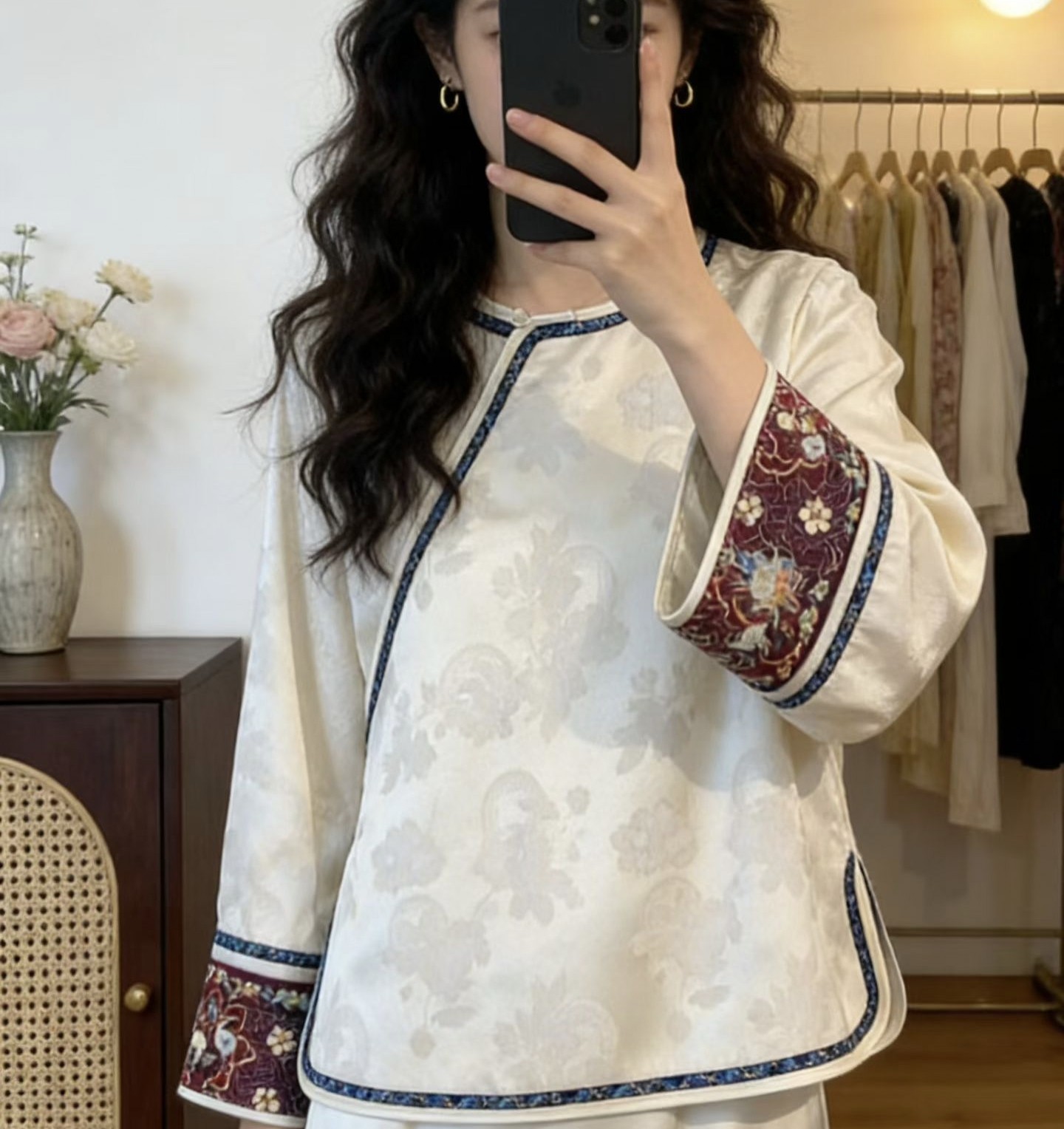 新中式百搭简约人丝提花打底衫上衣复古国风拼接刺绣袖口内搭衬衫