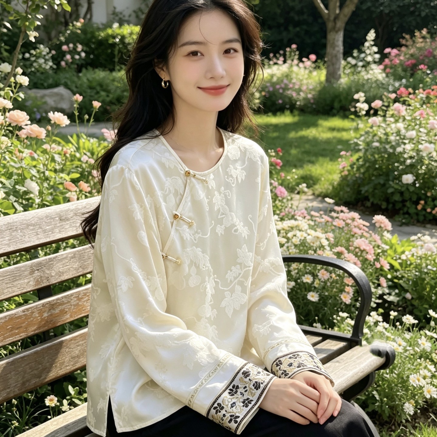 2026春夏季新中式长袖真丝冠乐绉衬衫上衣复古国风宽松版打底衫女