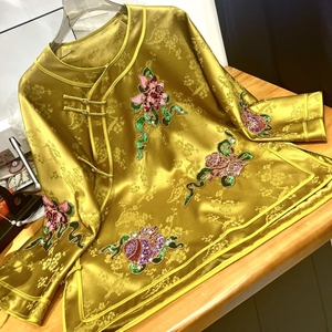 时尚新中式醋酸提花刺绣圆领清宫唐装外套复古国风斜襟茶服上衣女