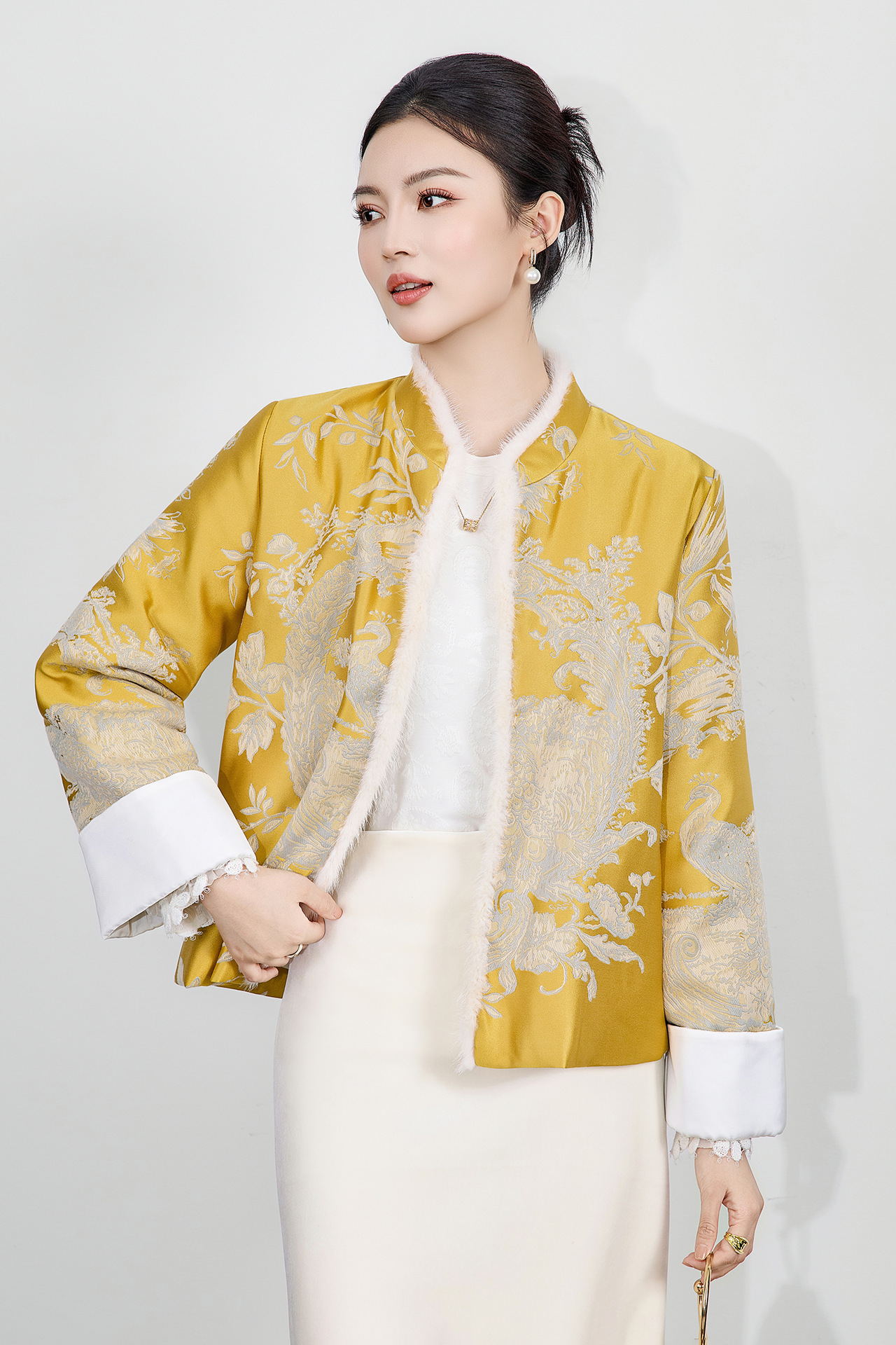 新中式水貂毛拼接提花缎棉服外套秋冬复古国风女装改良唐装小棉袄