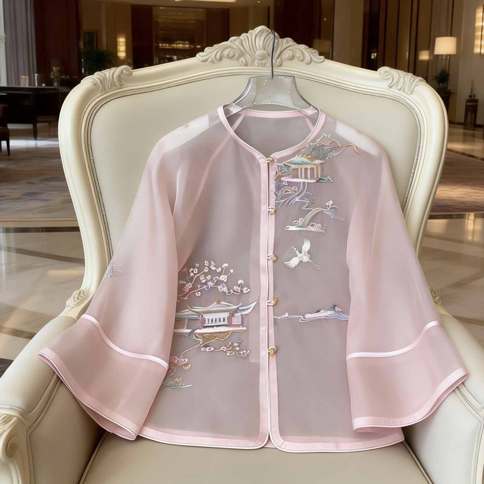 时尚新中式重工刺绣对襟真丝改良唐装茶服上衣复古国风透视外套女