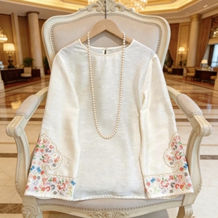 女 复古国风宽松内搭圆领减龄打底衬衫 新中式 天丝提花刺绣上衣春季