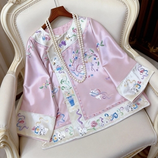 2026春款新中式玉兔刺绣太太服上衣复古国风斜襟醋酸外套国潮唐装