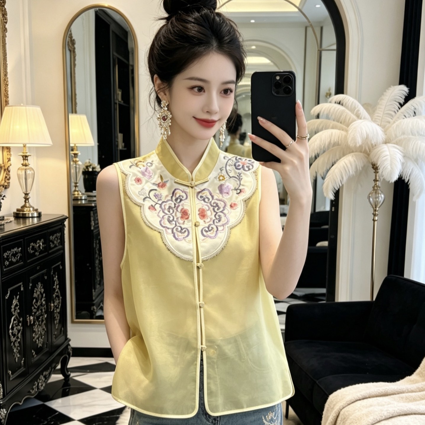 新中式立领真丝欧根纱刺绣马甲背心女夏复古国风唐装上衣坎肩外搭