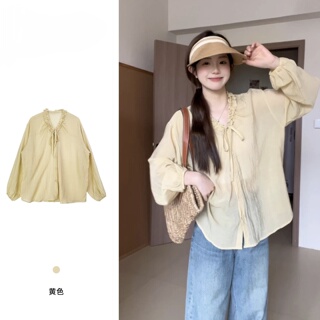 KUMAYES清冷感木耳边绑带长袖衬 衫夏季薄款微透百搭宽松上衣女