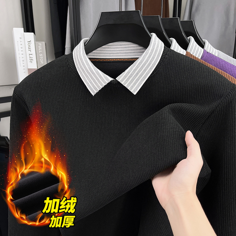 男士假两件衬衫卫衣男加绒加厚