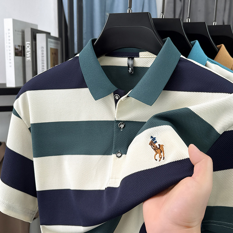 高端刺绣polo衫男2025新款夏季条纹男士短袖T恤纯棉翻领半袖上衣