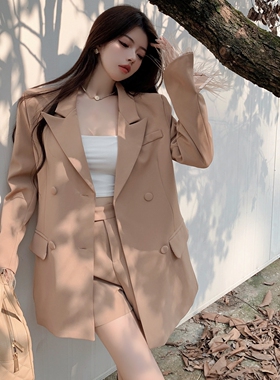 实拍 2024春秋新款韩版中长款西服外套女名媛宽松西装套装