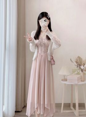 2024春夏新款法式吊带中长款连衣裙高级感气质大摆裙+针织开衫