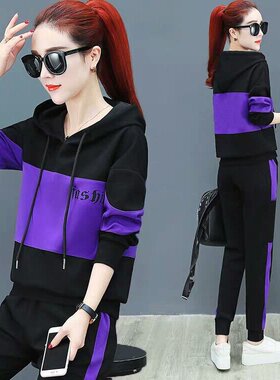 早秋2024薄款时尚跑步运动套装女休闲韩版宽松连帽卫衣大码两件套