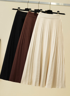 实拍2024秋冬新款针织简约中长款百褶裙半身裙女高腰a字大摆裙子