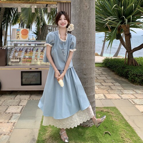 现货2D078-T2001-P165K248 国风牛仔套装蕾丝拼接真两件套