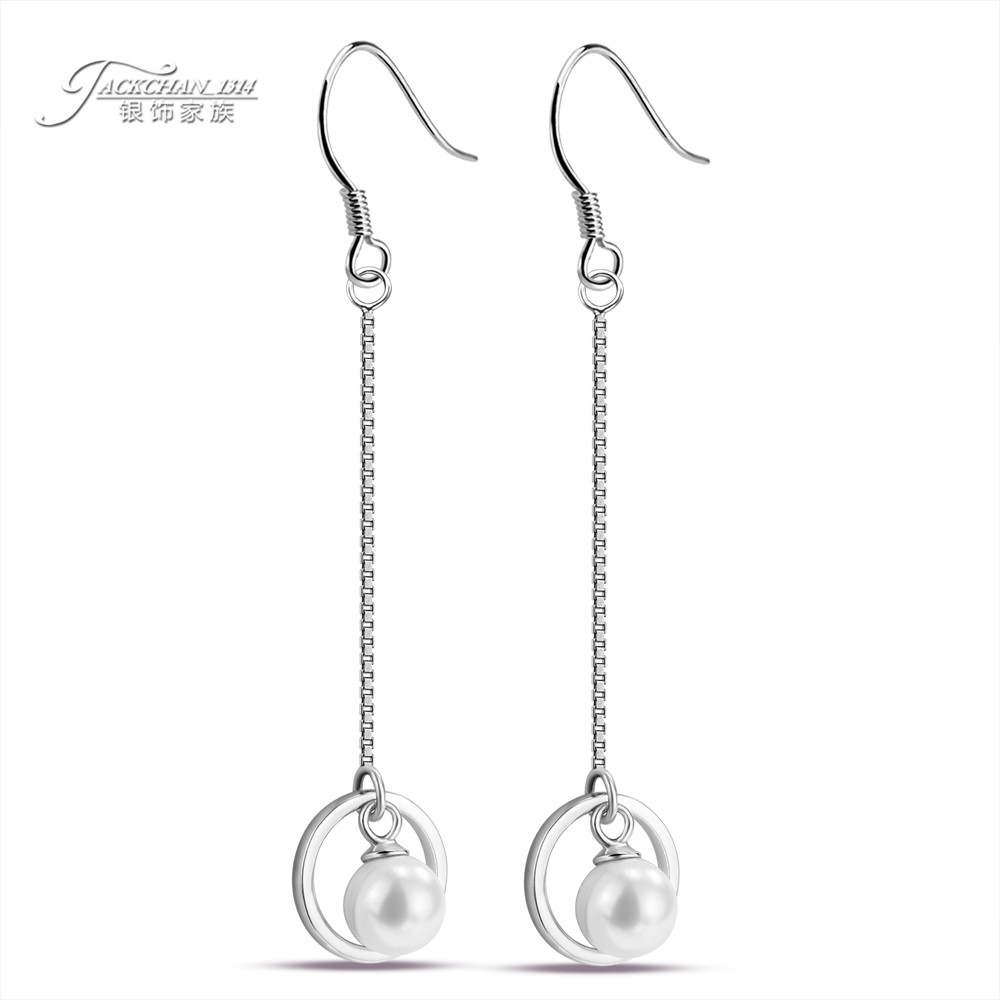 甜美气质圆环珍珠耳饰925纯银女款长线耳环宴会长裙配饰不过敏潮