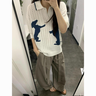 韩系chic娃娃领针织短袖男女撞色恐龙镂空提花泡泡袖慵懒半袖上衣