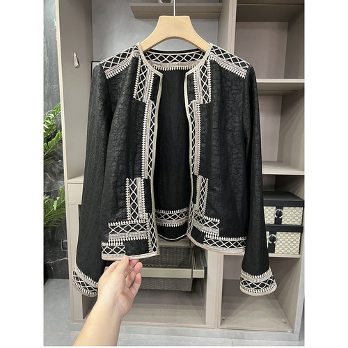 真丝龟裂纹香云纱刺绣长袖外套