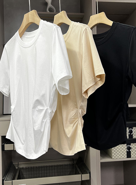 清仓不予退换！不显胖！压褶真丝丝光棉圆领短袖T恤女DXOM024~ZY