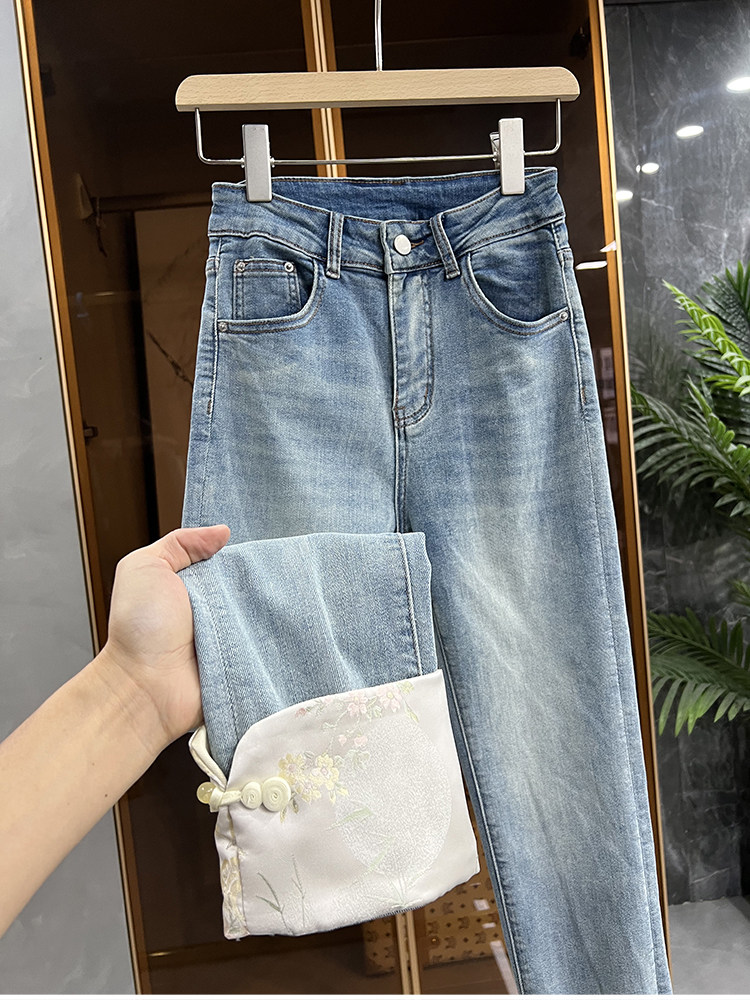 中式盘扣翻边裤脚烟管九分牛仔裤