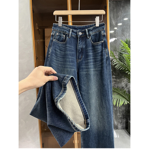 wu敌好穿的一款裤子！加绒中高腰牛仔直筒阔腿裤女   957621