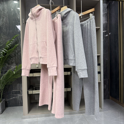 烫钻连帽卫衣外套+休闲长裤套装