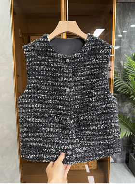 法式订单！美得毫不费力！粗花呢绵羊毛圆领短马甲女 736302~JS