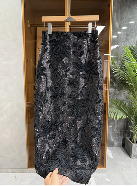 女神单品！重工亮片丝绒提花高腰包臀后开叉半身裙女   1K999~JS