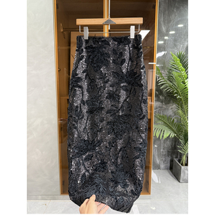 1K999 女神单品 重工亮片丝绒提花高腰包臀后开叉半身裙女