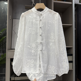 Y755 P牌设计师款 上衣女 衬衫 重工刺绣苎麻立领长袖