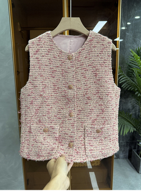 wu敌美！优雅法式！粗花呢绵羊毛圆领短马甲女    561321~JS