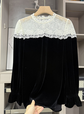 P牌设计师款！真丝丝绒拼接蕾丝边圆领长袖上衣女   301172~ZY