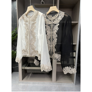 清仓不予退换！！重工刺绣真丝欧根纱圆领开襟上衣女  T25206~ME