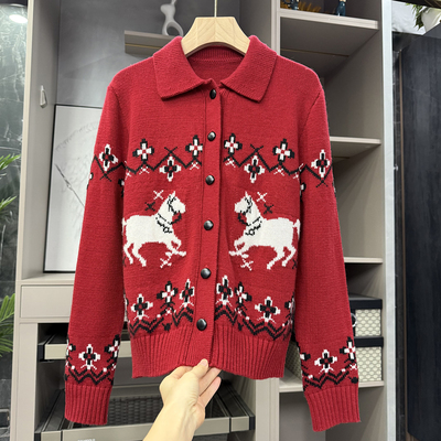 提花骏马羊毛翻领针织开衫毛衣