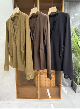 N货！10穿9美！修身羊毛拼蕾丝V领长袖T恤上衣女    R8191~ME