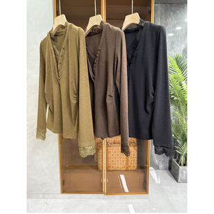 N货！10穿9美！修身羊毛拼蕾丝V领长袖T恤上衣女    R8191~ME