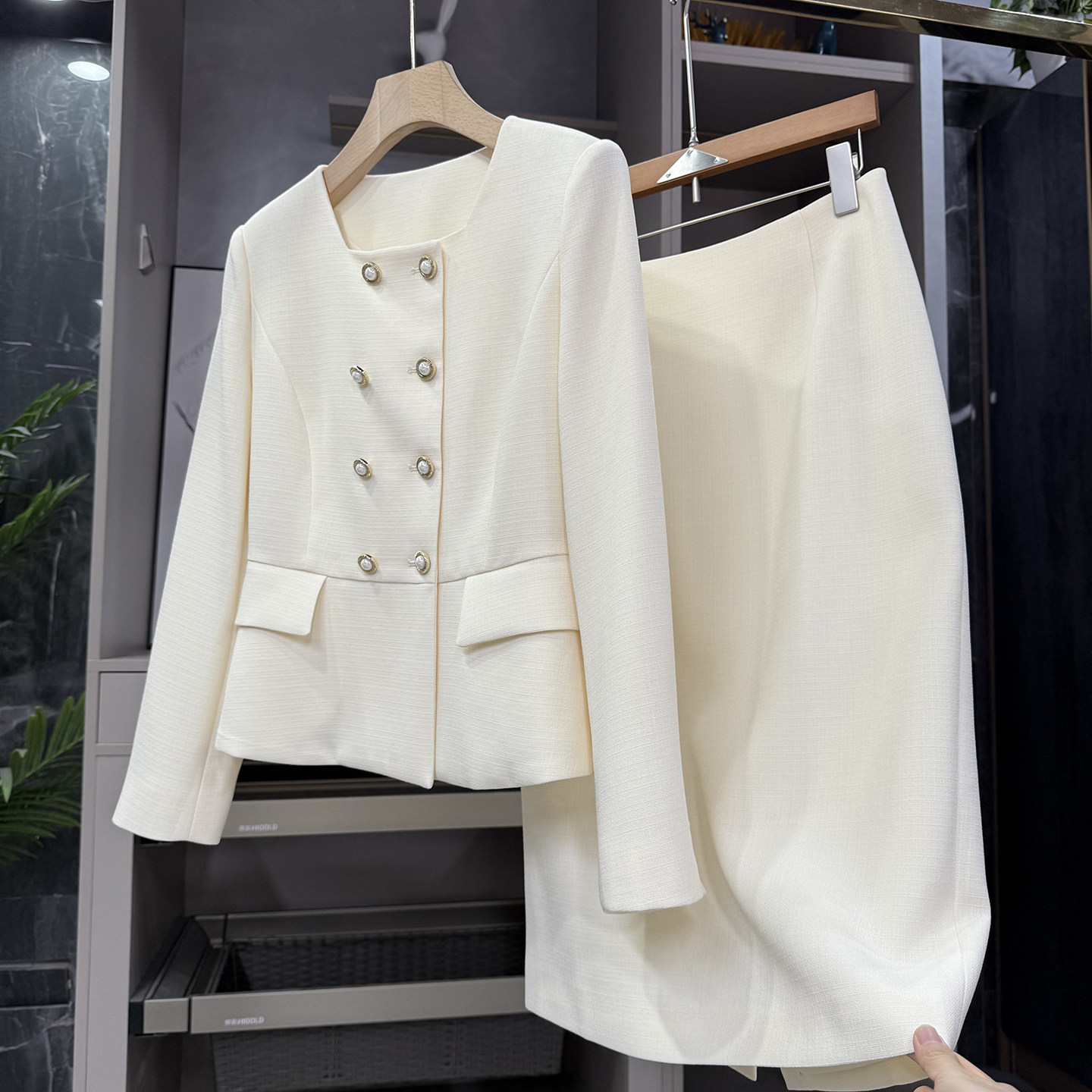 清仓不予退换！in口三醋酸双排扣西装外套+半身裙套装女H2868~ZY