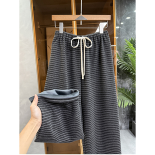 MZ25861 推荐 女 加绒条纹松紧腰休闲直筒裤 秋冬穿搭神器