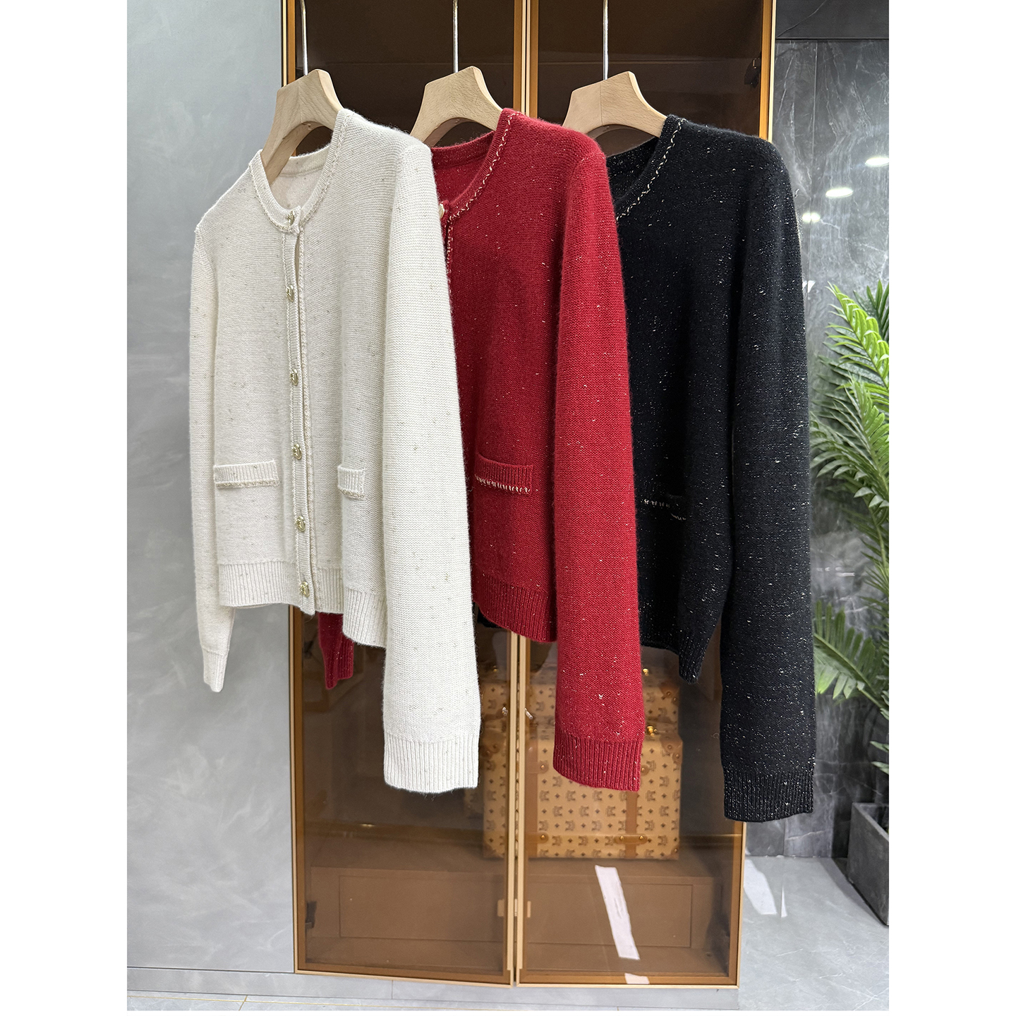 yuan单！jin口料！金线结羊绒圆领长袖针织开衫女    KF6099~ME