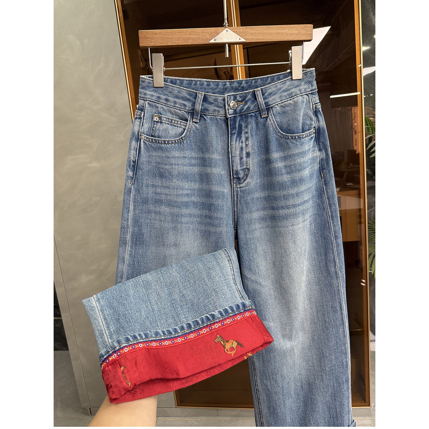 小个子收！藏肉显瘦！撞色边高腰牛仔九分阔腿裤女   D88125~ME