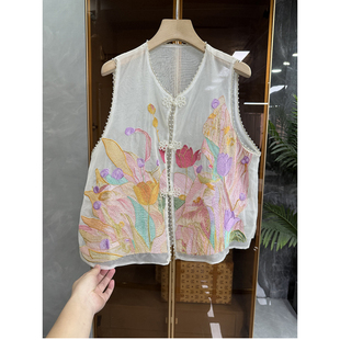 yuan单!新中式!重工刺绣真丝欧根纱钉珠V领马甲女 AE0519~ME