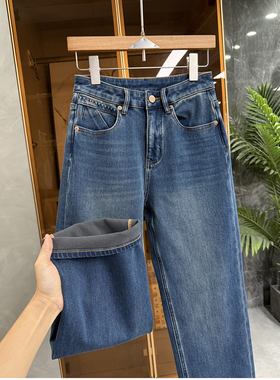 秋冬款！一穿就显瘦！微弹磨毛窄版直筒牛仔裤女    M018910~JS